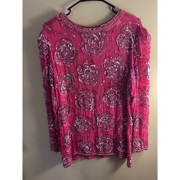 Nite‎ Lime Pink Sequin Beaded Embellished Long Sleeve Party Top - Picture 2 of 4